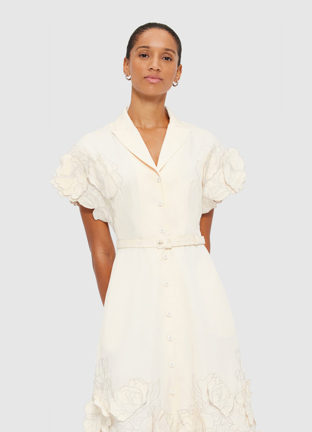 Exclusive LEO LIN Aubrey Appliqué Shirt Midi Dress in Cream