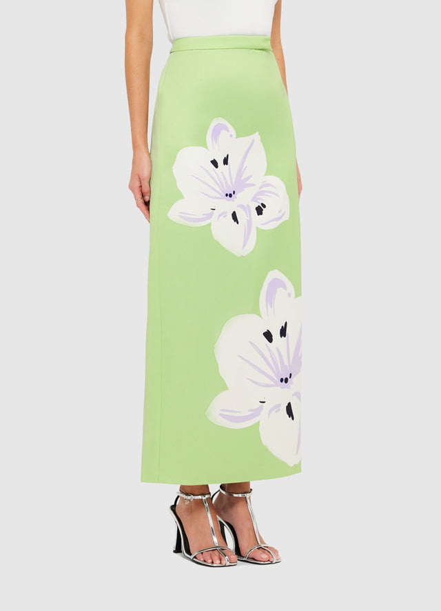 Exclusive Leo Lin Clémentine Maxi Skirt in Hibiscus in Matcha