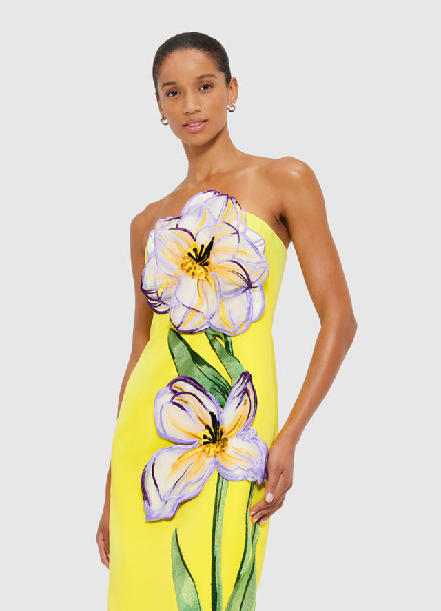 Exclusive Leo Lin Rayna Appliqué Floral Maxi Dress in Iris Print in Yellow