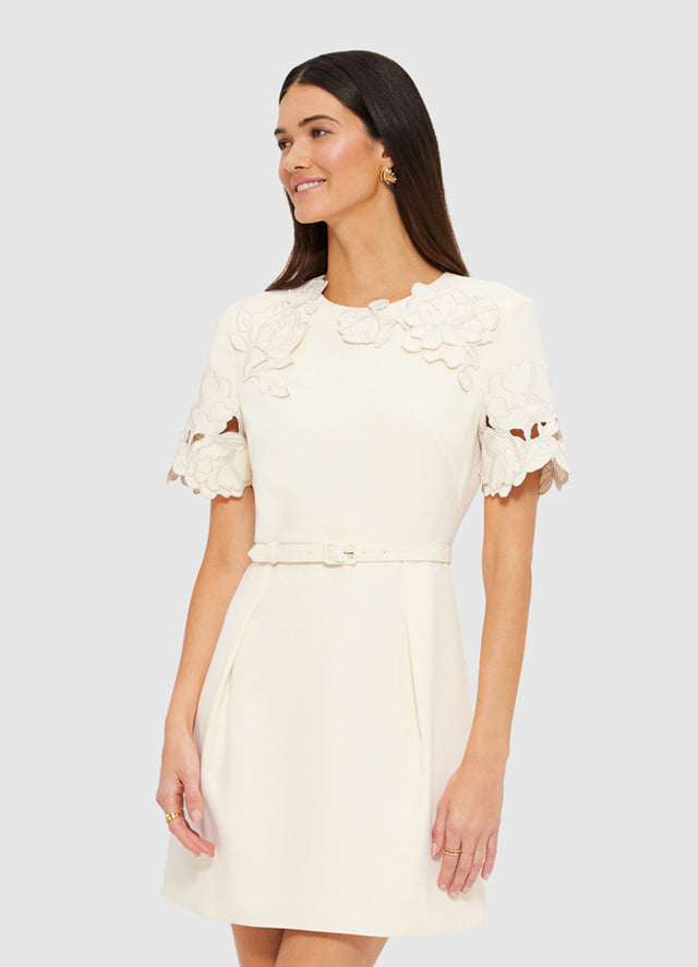 Exclusive LEO LIN Aurélie Appliqué Short Sleeve Mini Dress in Cream