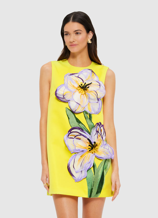 Exclusive Leo Lin Yvonne Appliqué Floral Mini Dress in Iris Print in Yellow