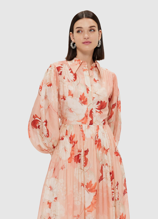 Exclusive Leo Lin Cassie Tie Neck Midi Dress - Peony Print