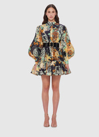 Exclusive Leo Lin Alexandra Belted Mini Dress in Azalea Print in Twilight