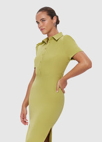 Exclusive Leo Lin Alison Shirt Sleeve Midi Dress in Chartreuse