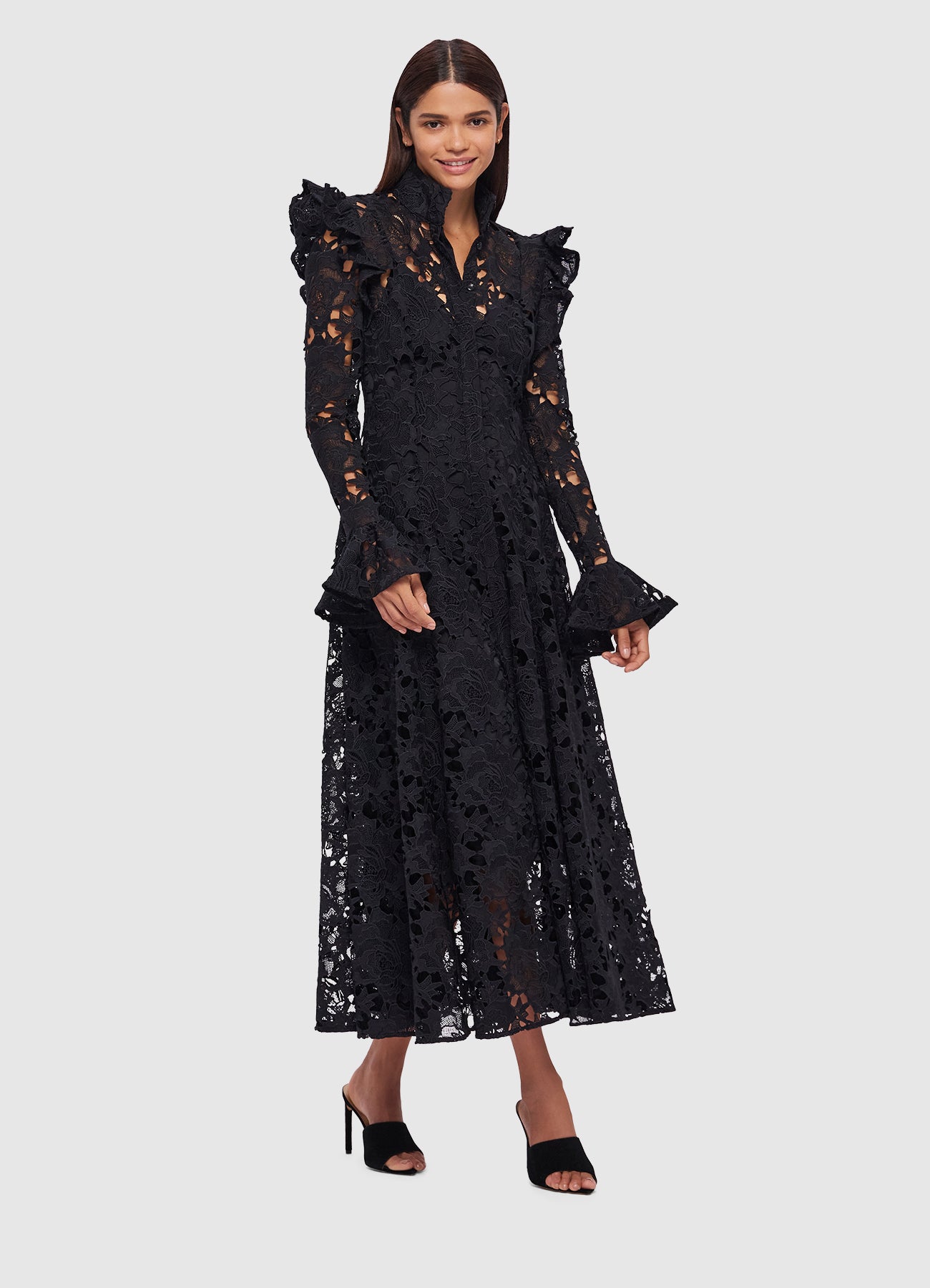 Aliyah Lace Butterfly Sleeve Midi Dress - Ebony | LEO LIN