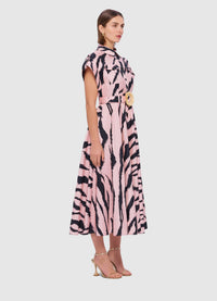 Exclusive Leo Lin Anita Pocket Shirt Midi Dress in Tiger Print in Pink