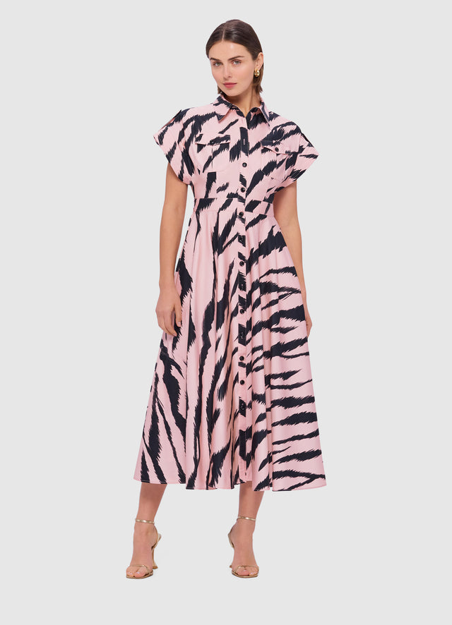 Exclusive Leo Lin Anita Pocket Shirt Midi Dress in Tiger Print in Pink