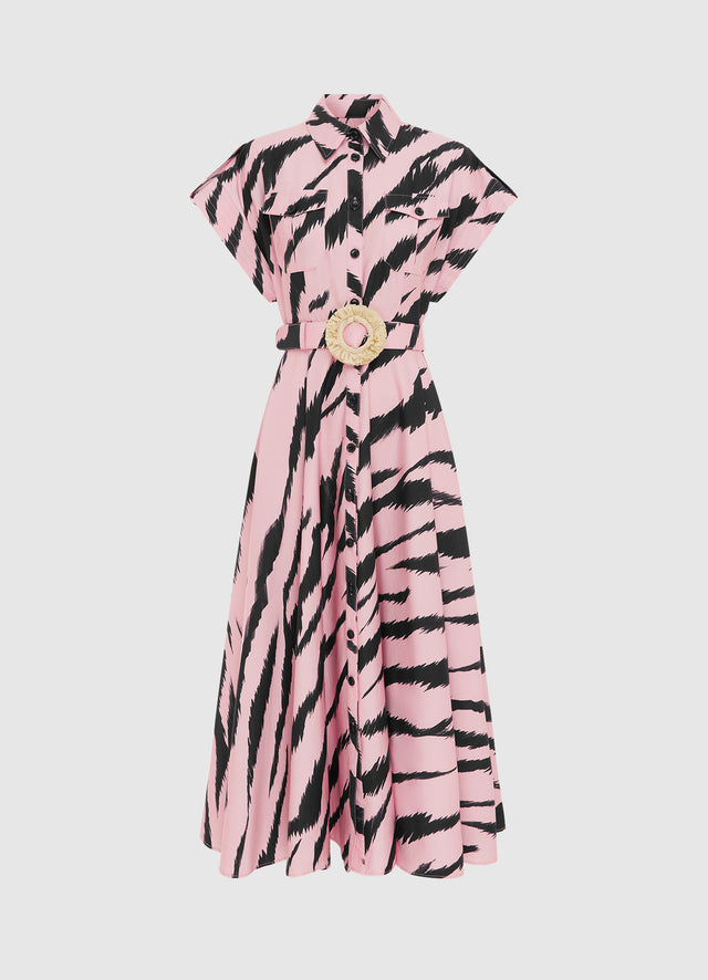 Exclusive Leo Lin Anita Pocket Shirt Midi Dress in Tiger Print in Pink