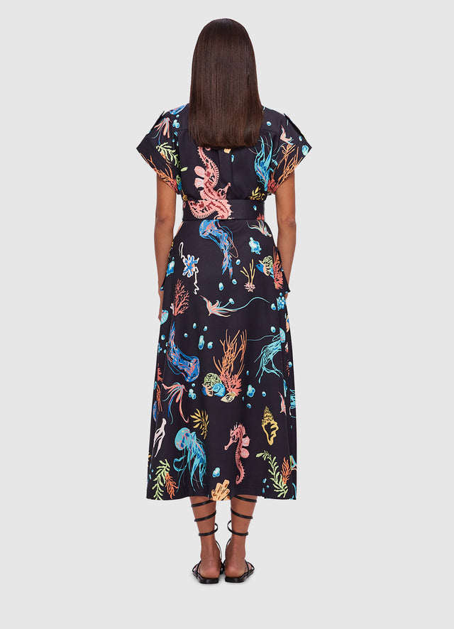 Exclusive Leo Lin Audrey Pocket Shirt Midi Dress in Twilight Print in Black