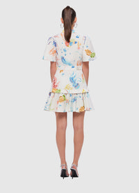Exclusive Leo Lin Beatrice Short Sleeve Mini Dress in Twilight Print in White