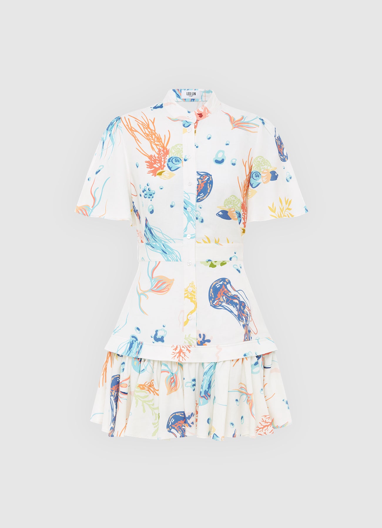 Beatrice Short Sleeve Mini Dress Twilight Print in White LEO