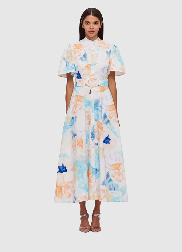 Exclusive Leo Lin Bianca Short Sleeve Midi Dress in Rosebud Print in Cream