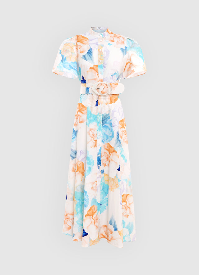 Exclusive Leo Lin Bianca Short Sleeve Midi Dress in Rosebud Print in Cream