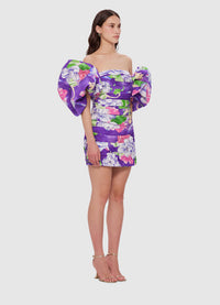 Exclusive Leo Lin Brenda Puffy Sleeve Mini Dress in Swallow Print in Serenity