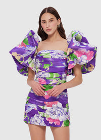 Exclusive Leo Lin Brenda Puffy Sleeve Mini Dress in Swallow Print in Serenity