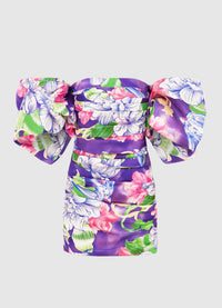 Exclusive Leo Lin Brenda Puffy Sleeve Mini Dress in Swallow Print in Serenity