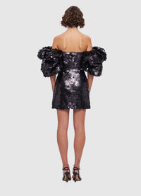 Brenda Sequin Puffy Sleeve Mini Dress - Ebony