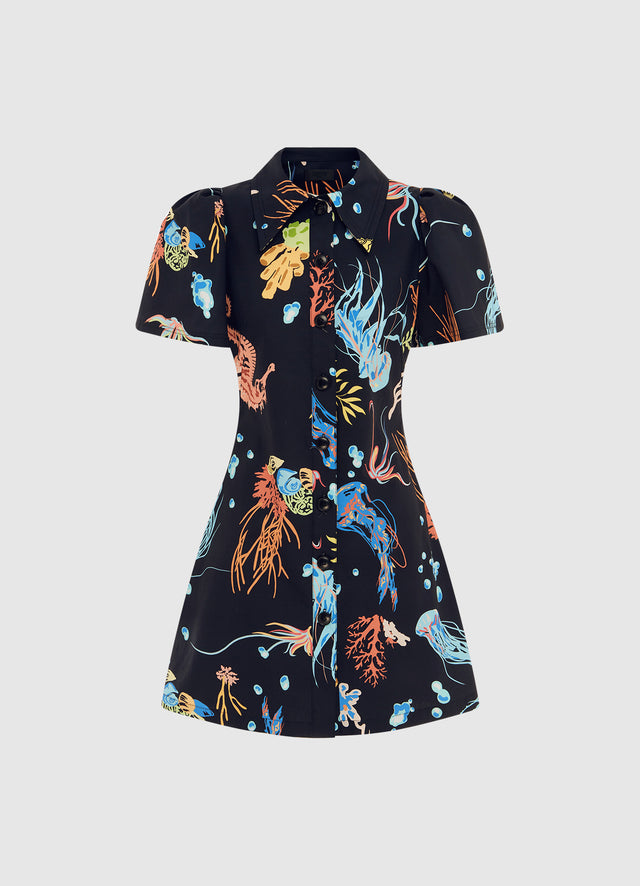 Exclusive Leo Lin Brooke Shirt Sleeve Mini Dress in Twilight Print in Black 