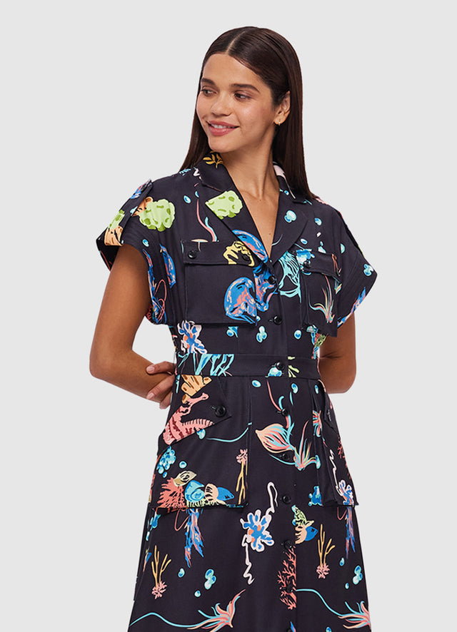 Exclusive Leo Lin Audrey Pocket Shirt Midi Dress in Twilight Print in Black