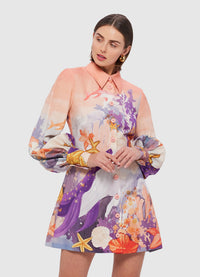 Exclusive Leo Lin Luminous Linen Mini Dress in Neptune Print in Coral 