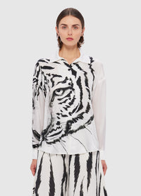 Exclusive Leo Lin Tina Silk Shirt in Tiger Print in White