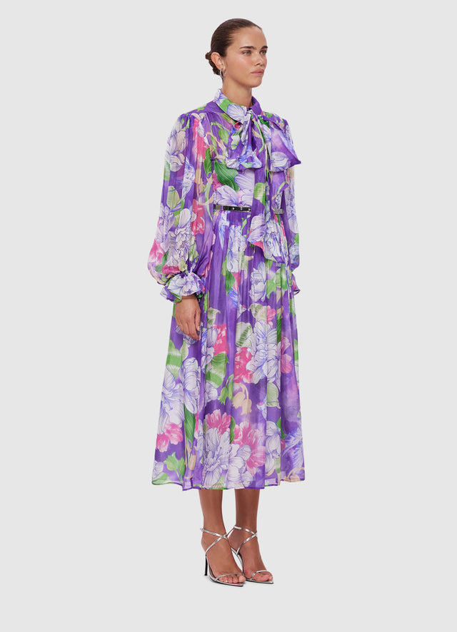 Exclusive Leo Lin Cassie Tie Neck Midi Dress in Swallow Print in Serenity