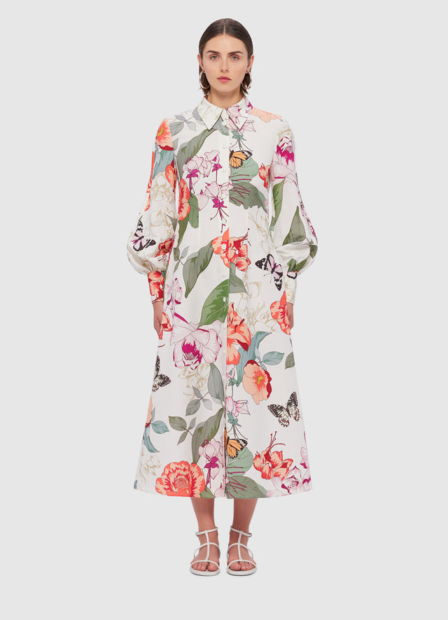 Exclusive Leo Lin Cecilia Linen Midi Dress in Lush Print in White