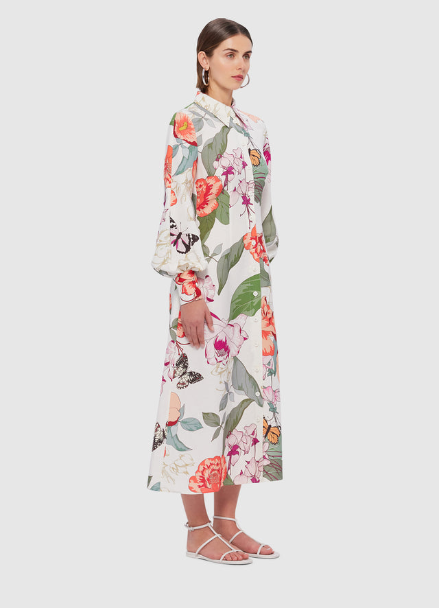 Exclusive Leo Lin Cecilia Linen Midi Dress in Lush Print in White