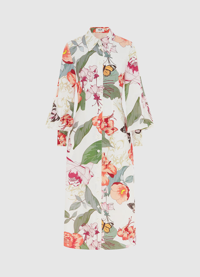 Exclusive Leo Lin Cecilia Linen Midi Dress in Lush Print in White