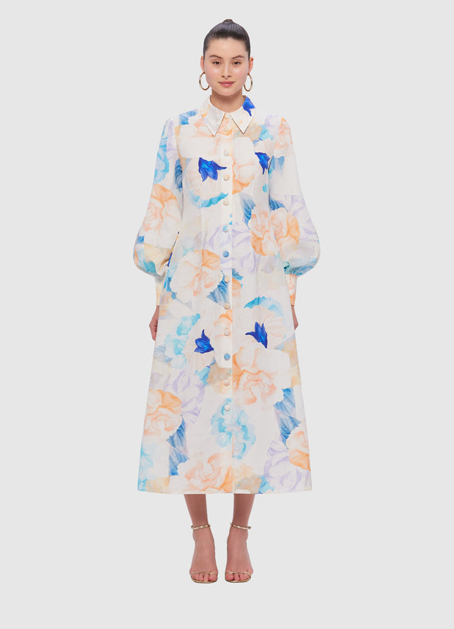 Exclusive Leo Lin Cecilia Linen Midi Dress in Rosebud Print in Cream