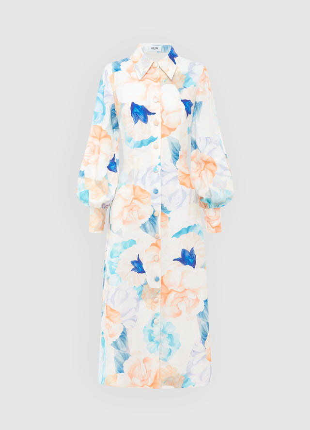 Exclusive Leo Lin Cecilia Linen Midi Dress in Rosebud Print in Cream