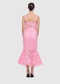 Exclusive Clover Lace Bustier Ruffle Midi Dress in Candy Pink from LEO LIN