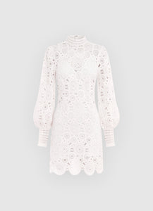 Daisy Crochet Long Sleeve Mini Dress - Snow