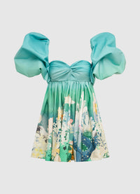 Exclusive Eleanor Puff Sleeve Mini Dress in Neptune Print in Seagrass from LEO LIN