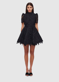 Exclusive Leo Lin Elise Lace Short Sleeve Mini Dress in Ebony