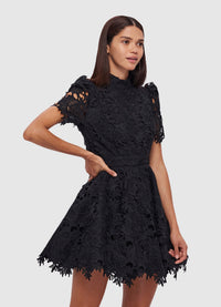 Exclusive Leo Lin Elise Lace Short Sleeve Mini Dress in Ebony