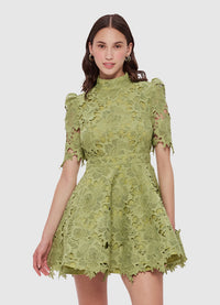 Exclusive Leo Lin Elise Lace Short Sleeve Mini Dress in Olive