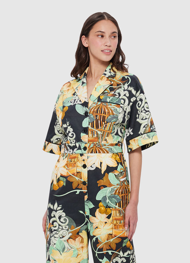 Exclusive Leo Lin Jacie Shirt Jumpsuit in Azalea Print in Twilight