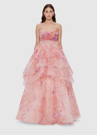 Exclusive Leo Lin Josephine Tiered Gown in Swallow Print in Lush