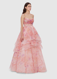 Exclusive Leo Lin Josephine Tiered Gown in Swallow Print in Lush