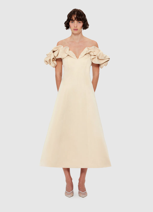 Exclusive Leo Lin Annie Off Shoulder Frill Midi Dress - Champagne