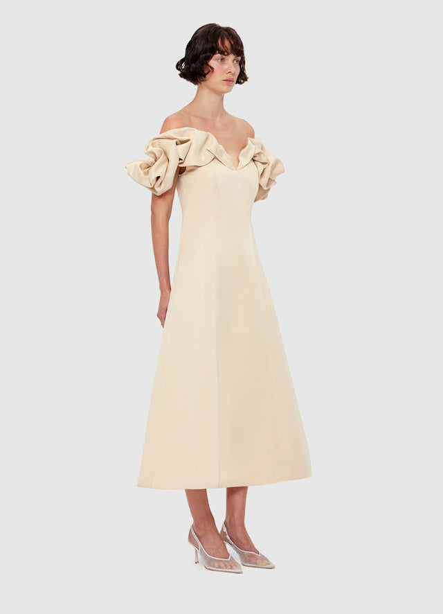 Exclusive Leo Lin Annie Off Shoulder Frill Midi Dress - Champagne