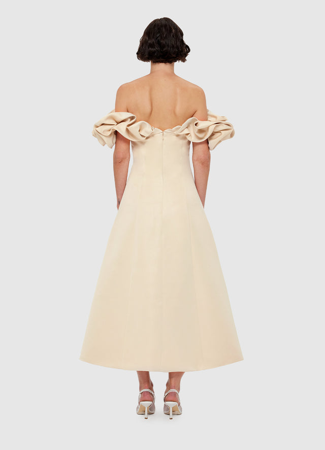 Exclusive Leo Lin Annie Off Shoulder Frill Midi Dress - Champagne