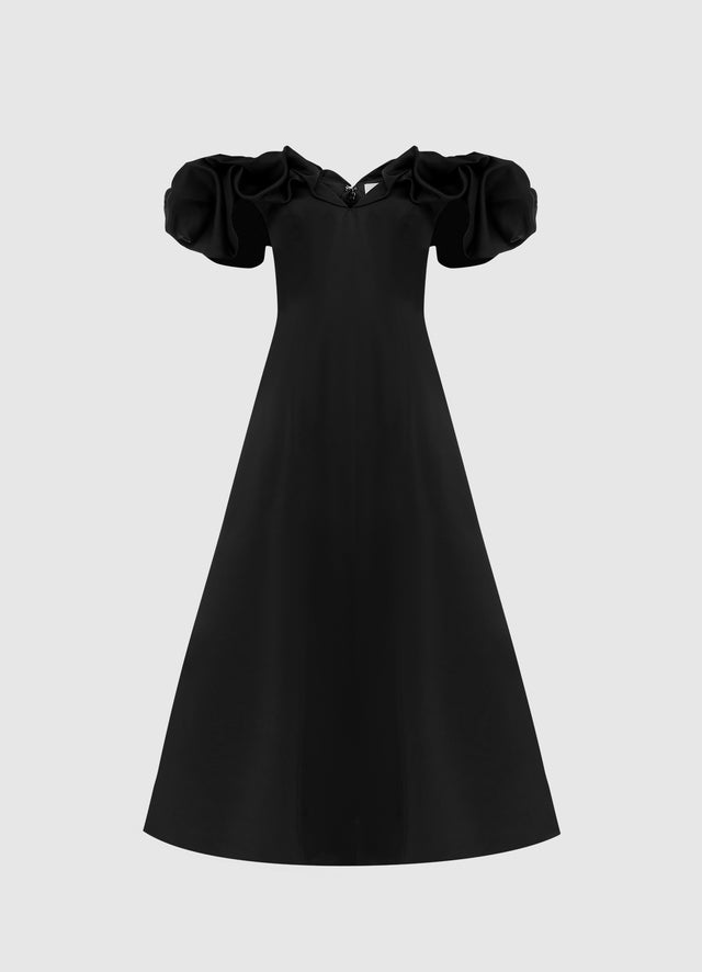 Exclusive Leo Lin Annie Off Shoulder Frill Midi Dress - Ebony