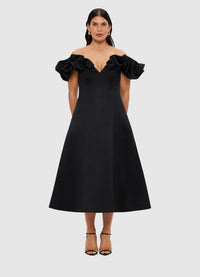 Exclusive Leo Lin Annie Off Shoulder Frill Midi Dress - Ebony