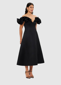 Exclusive Leo Lin Annie Off Shoulder Frill Midi Dress - Ebony