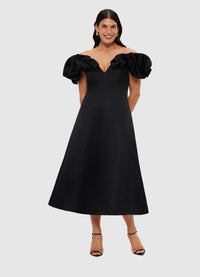 Exclusive Leo Lin Annie Off Shoulder Frill Midi Dress - Ebony