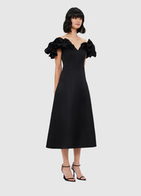 Exclusive Leo Lin Annie Off Shoulder Frill Midi Dress - Ebony