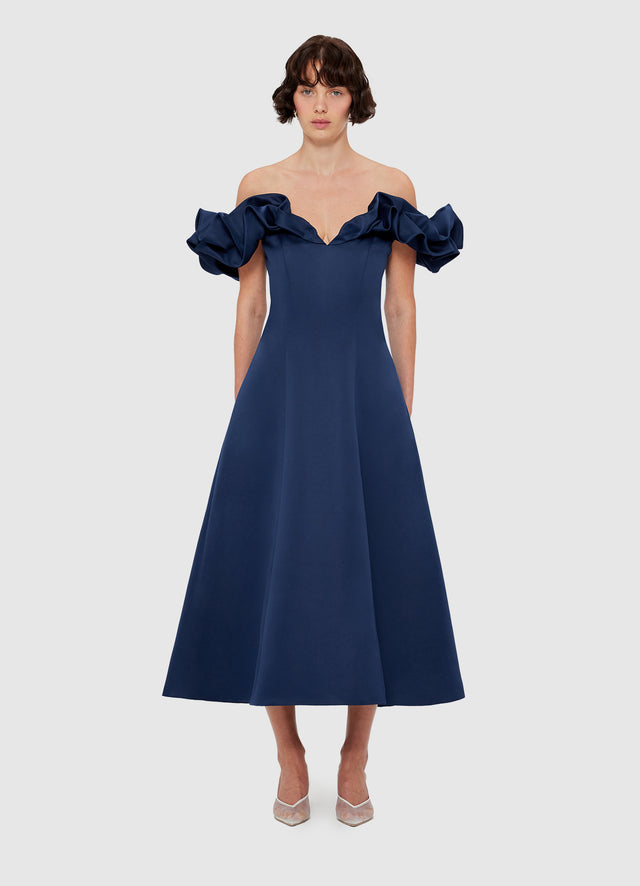 Exclusive Leo Lin Annie Off Shoulder Frill Midi Dress - Navy