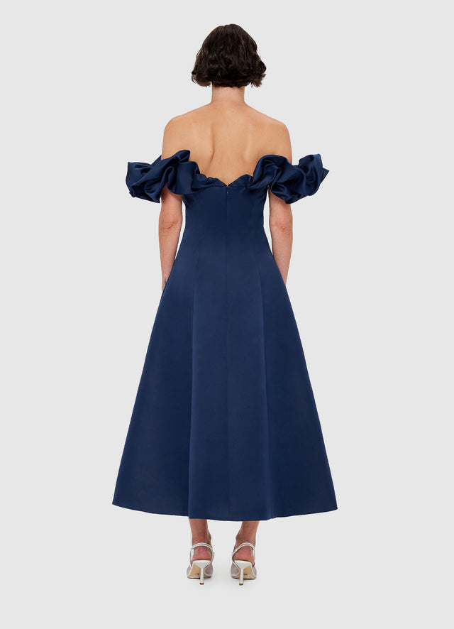 Exclusive Leo Lin Annie Off Shoulder Frill Midi Dress - Navy